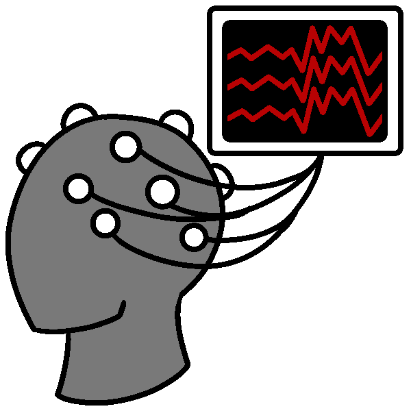 A featureless gray head in profile with sensors on its head, the wires from them leading to a screen with three jagged red lines on it.